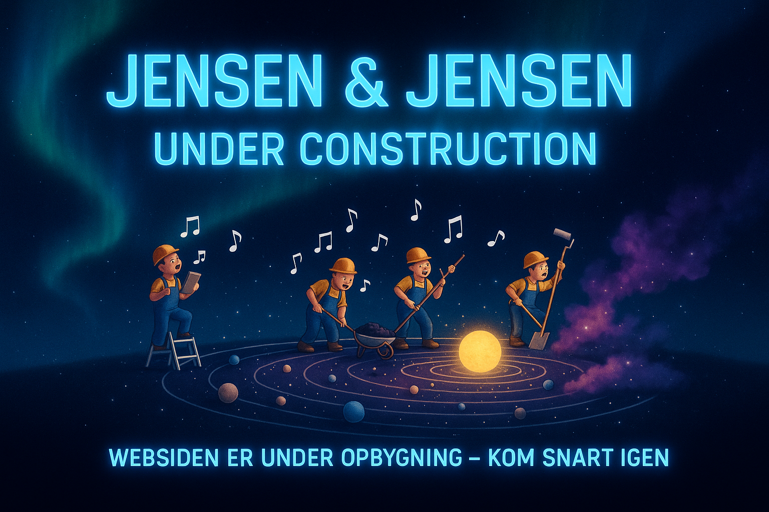 Små arbejdere der synger og bygger en galakse med stjerner og gasskyer